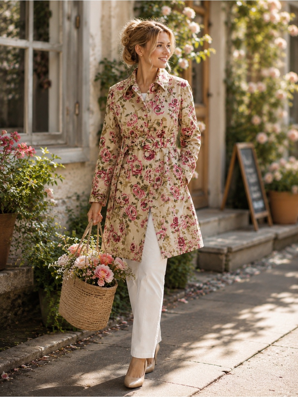 Madison Studio Floral Belted Trench Coat Romantic Rose Print Cottagecore Size 10